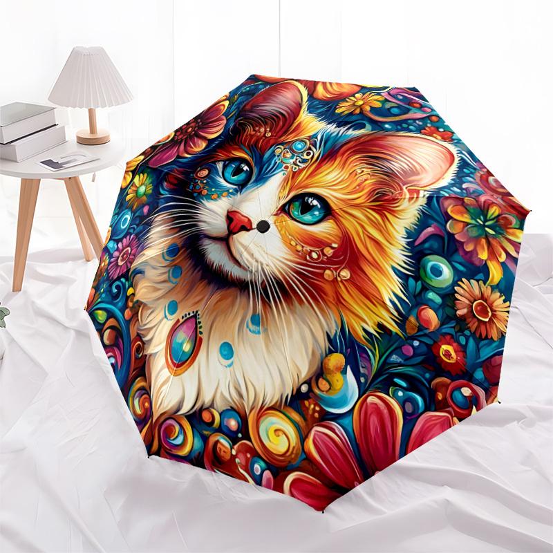 1pc Floral Cat Automatic Folding Umbrella, 8-Rib Sturdy Canopy, Portable Travel Umbrella for Outdoor Use