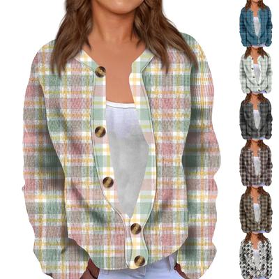 Modische Strickjacke mit Karomuster und langen Ärmeln für Damen mit Knopfleiste