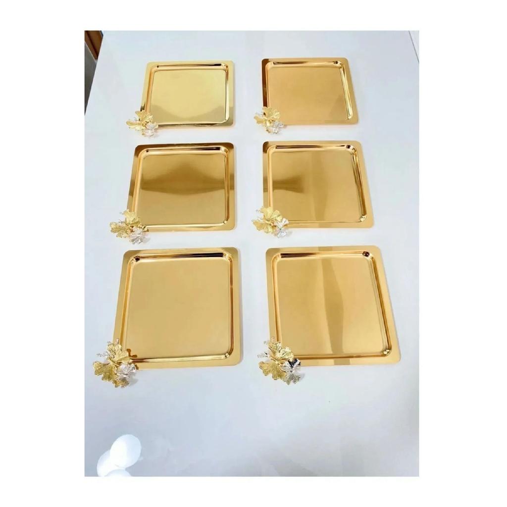 6-piece Luxury Silver Square Coffee Serving Tray | Stainless Steel Coffee, Tea, Decorative With Butterfly Accessory