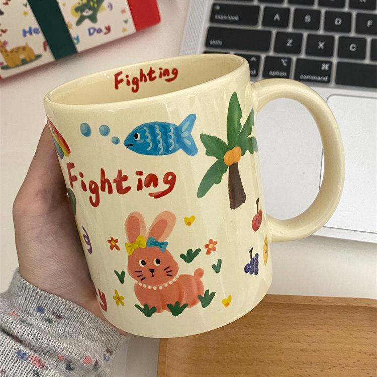 

Кружка для воды высокой ценности керамическая мультяшная с дудлами подарок на день рождения милая с кокосовой пальмой чашка с маленьким животным 301-400ml