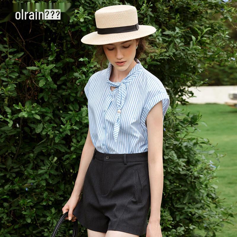 Olrain Women s Striped Tie-Neck Short Sleeve Blouse M