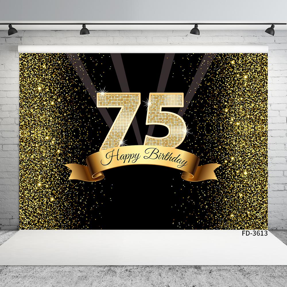 Photographic Backgrounds Golden Glitter Light Computer Printed Prom Backdrop for 75 Happy Birthday Party Photophone Photo Studio