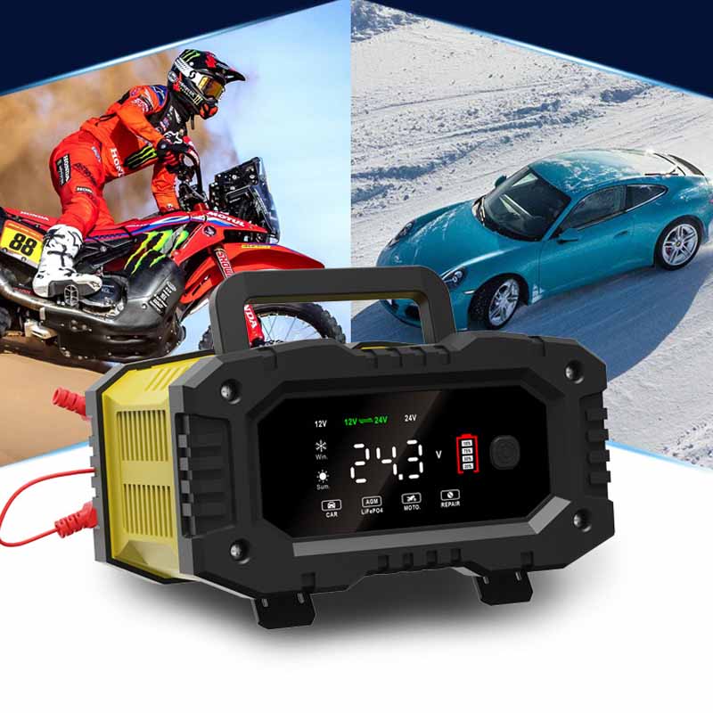 FOXSUR Bil Motorsykkel Batterilader 20A 10A 12V/24V Smartlader Litium AGM GEL Blysyre LiFePO4 Batteriladere