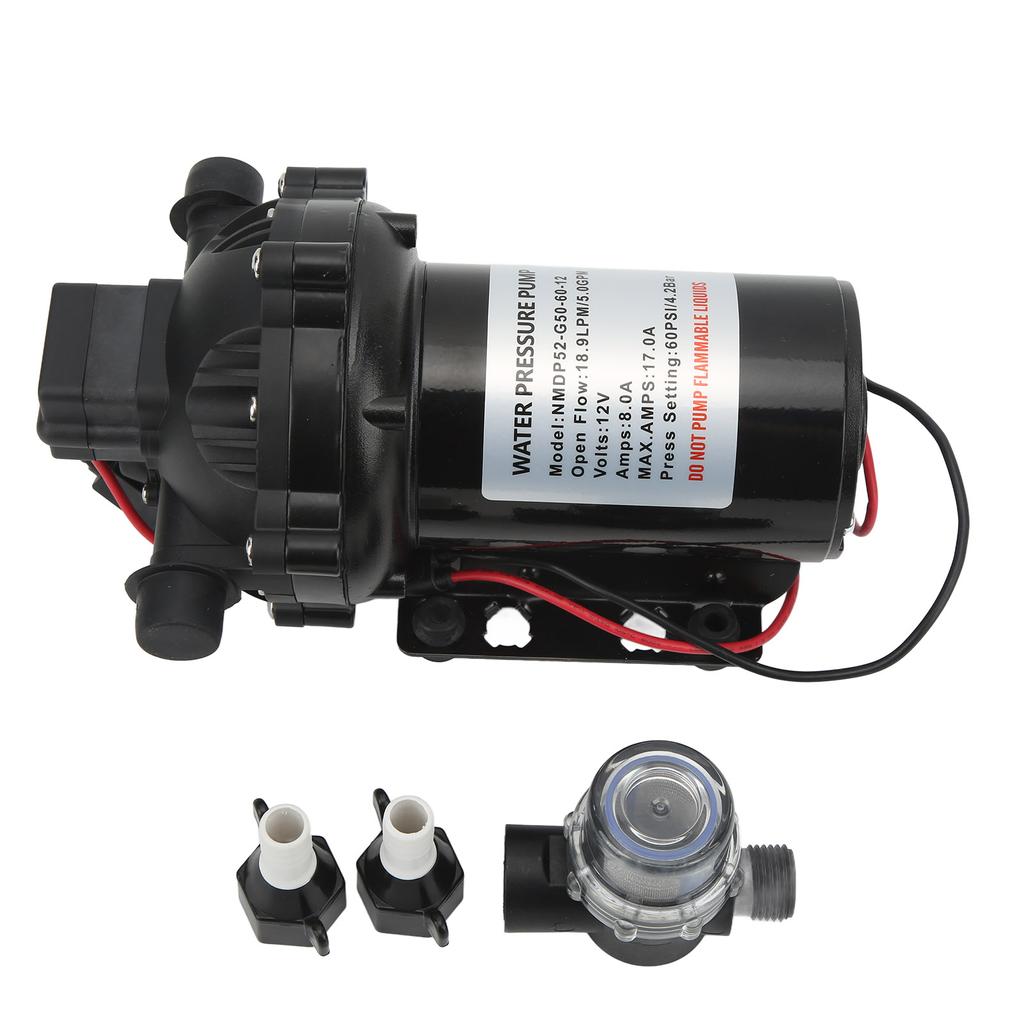 Self Priming DC Diaphragm Pump 12V 18.9LPM 5.0GPM Rated Flow with 15A Fuse Auto Cut Off for RV Boat