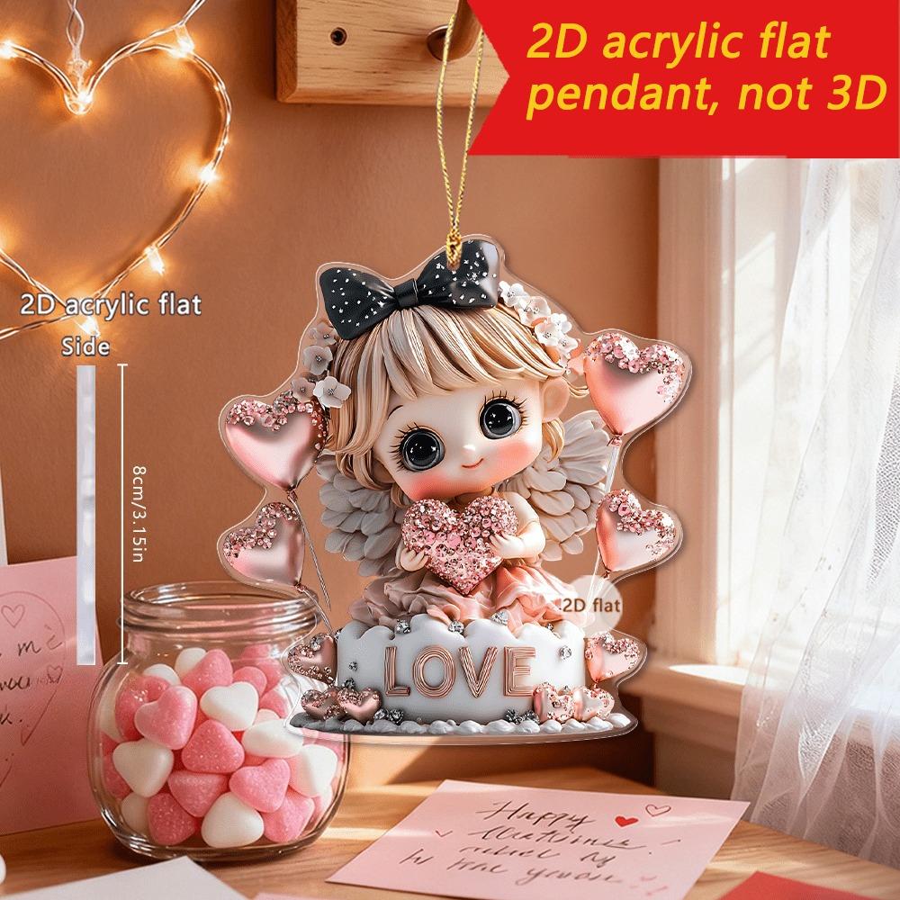 1 szt. Wisiorek Aniołek Serce, w romantycznym płaskim designie z serduszkami, napisem LOVE i kokardkami, nadaje się jako ozdoba samochodowa, dopasowanie do plecaka dla par