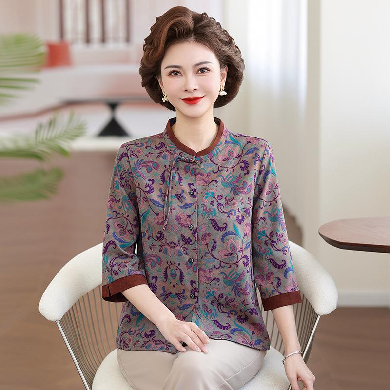 Women's Chinese-Style Printed Seven-Sleeve Shirt - Ideal for Mothers & Grandmothers