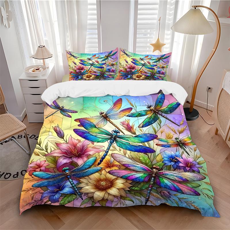 3pcs Colorful Dragonflies Printed Bedding Set, Soft and Comfortable Quilt Cover for Bedroom, Guest Room (1 Duvet Cover + 2 Pillowcases