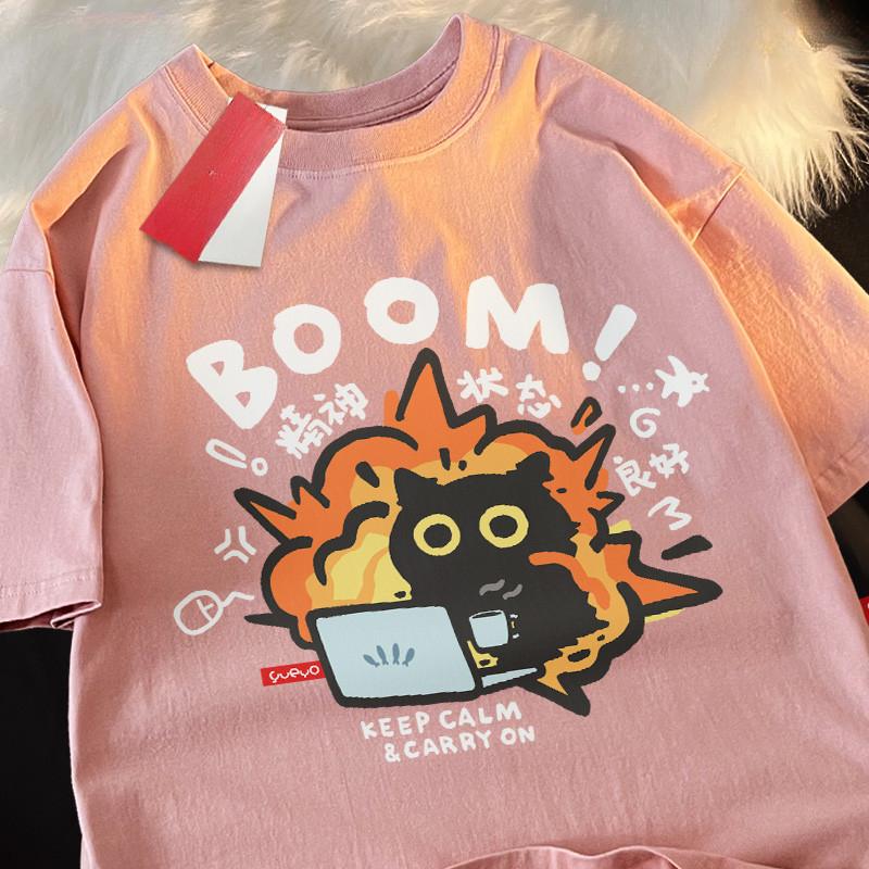 

Womens Crazy Work Explosion Cat Fun Print Short Sleeve Tshirt Man Round Neck Lazy Casual Loose Breathable Unisex Couple Top M