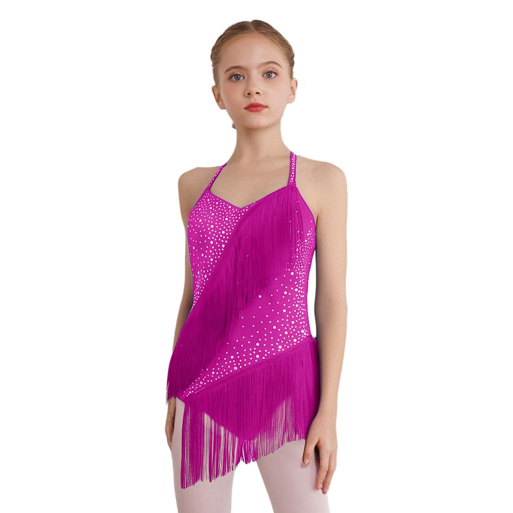 Mädchen Latin Dance Kostüm Ärmellos Neckholder V-Ausschnitt Rückenfrei Glänzend Strasssteine Quasten Leotard