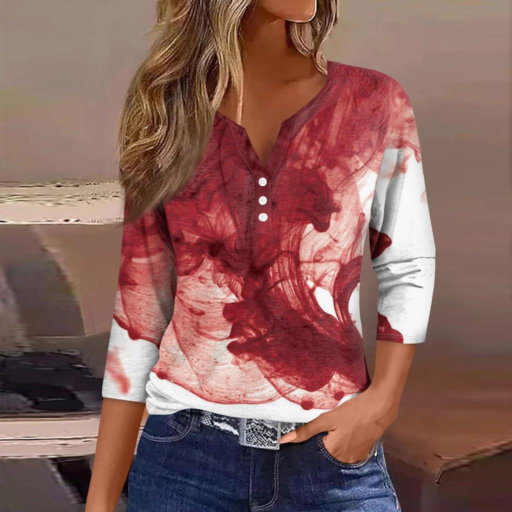 Women's Fashion Casual Halloween Printed V.Neck Short Sleeve Decorative Button Three.quarter Sleeve T-shirt Tor