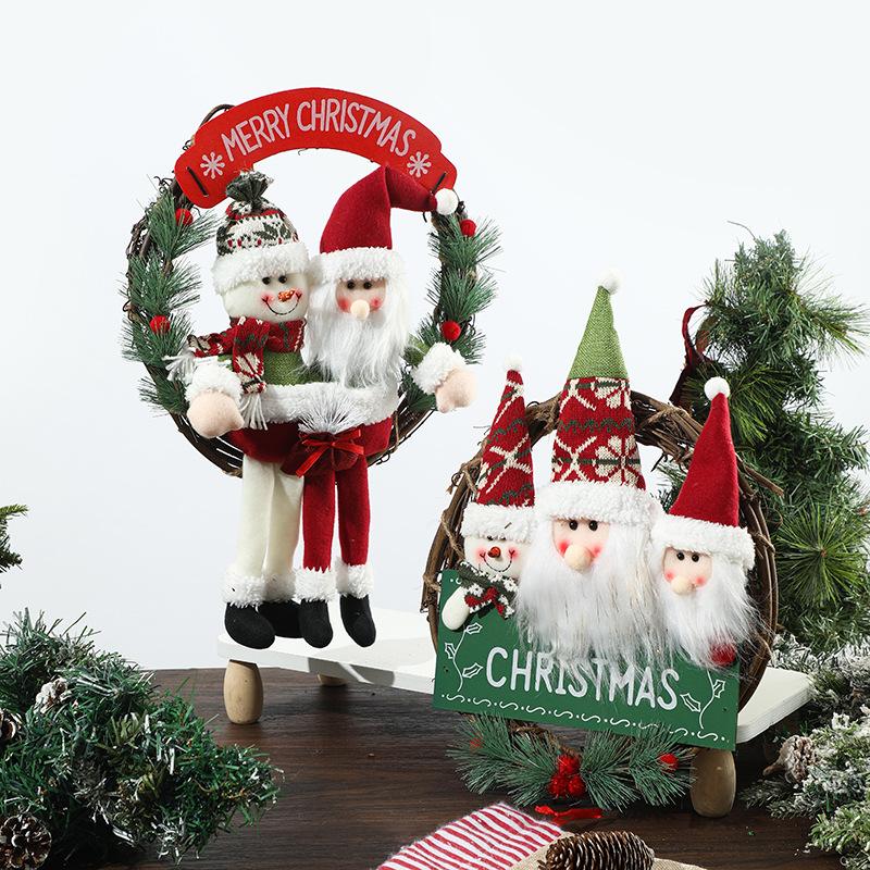 1pcs Fabric Christmas Wreath Garland with Santa and Snowman Door Wall Hanging Rattan Ornament for Holiday Scene Decor