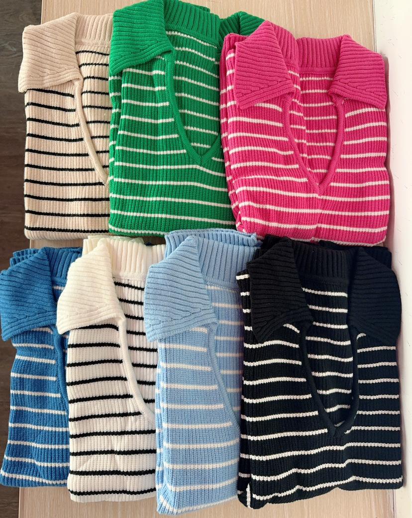 

Женская одежда 2025 лето новый трикотажный топ с V-образным вырезом повседневный полосатый лацкан короткий рукав XL