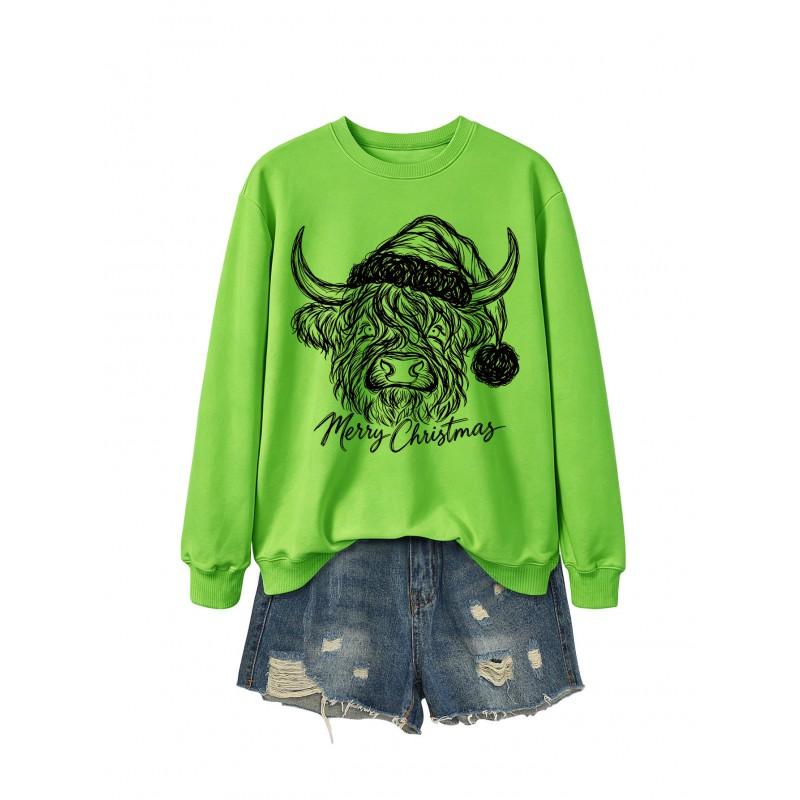 Womens Casual Fashion Christmas Yak Head Print Crewneck Sweatshirt Regular Fit Daily Wear