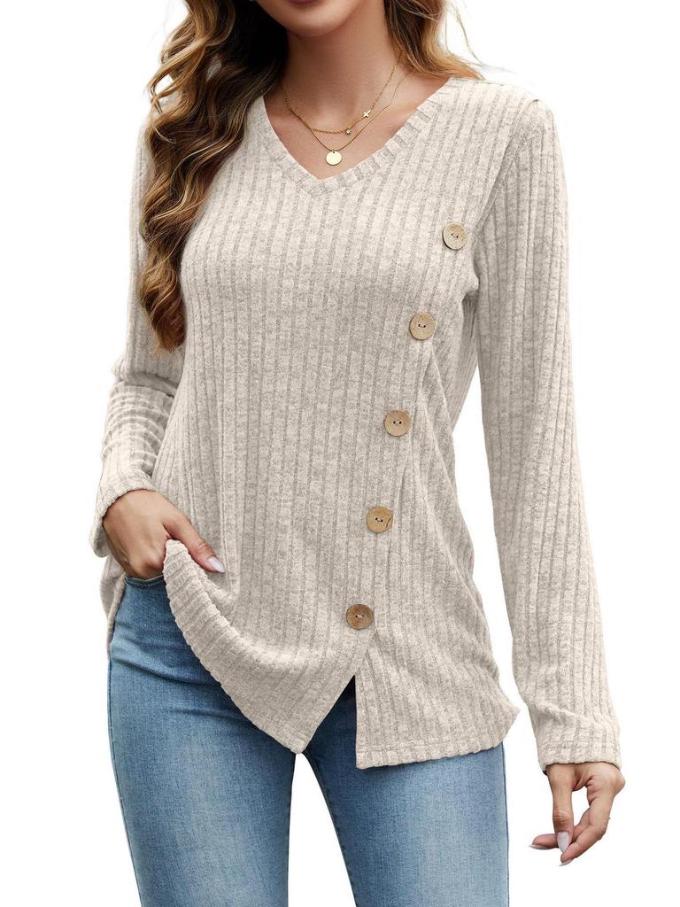 2023 Women's Autumn & Winter V-Neck Button Split Loose Long-Sleeve T-Shirt Top