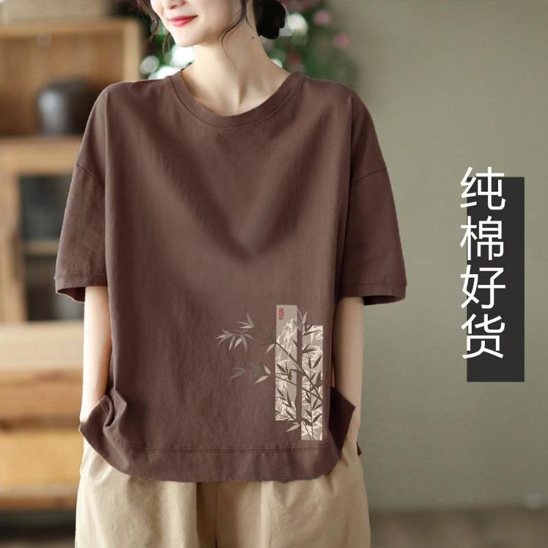 Fashionable Short-sleeved T-shirt for Women Loose Artistic and Versatile 2025 Printed Retro New Style Comfortable Pullover
