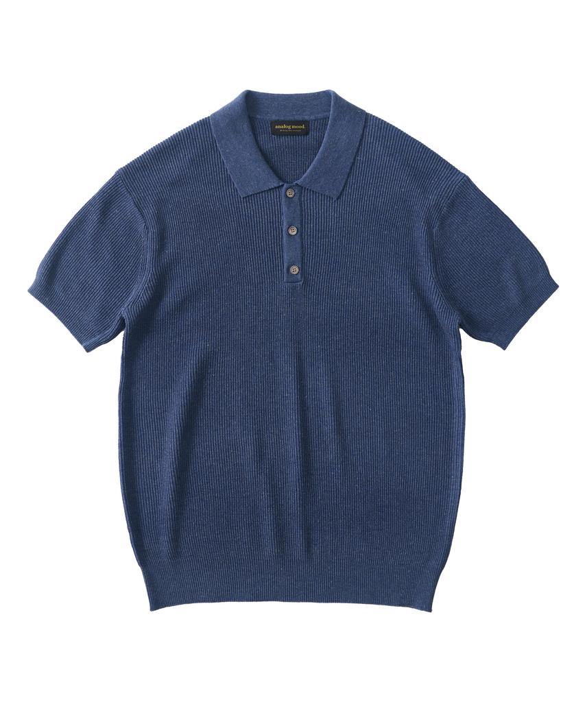 ANALOG MOOD Hacci Button-Up Collar Short Sleeve Knit (Blue)