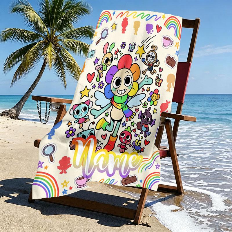 Custom Name Personalized Dandy's World Print Beach Towel, for Trip Camping Beach Party Home Decor, Birthday Gift for Family & Friends