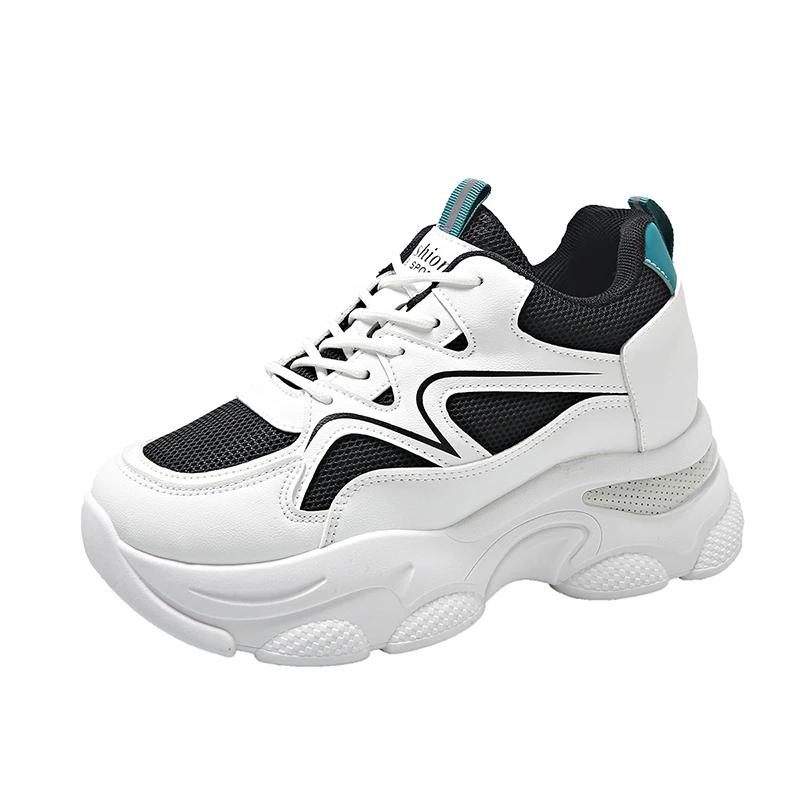 Fashion Women's Mixed Color High-heeled Sneakers Breathable Mesh Heightening Vulcanized Shoes Women's Lace-up Thick-soled Sneakers