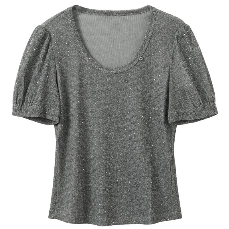 Sancai 2026 Summer Round Neck Hot Drill Puff Sleeve T-Shirt M
