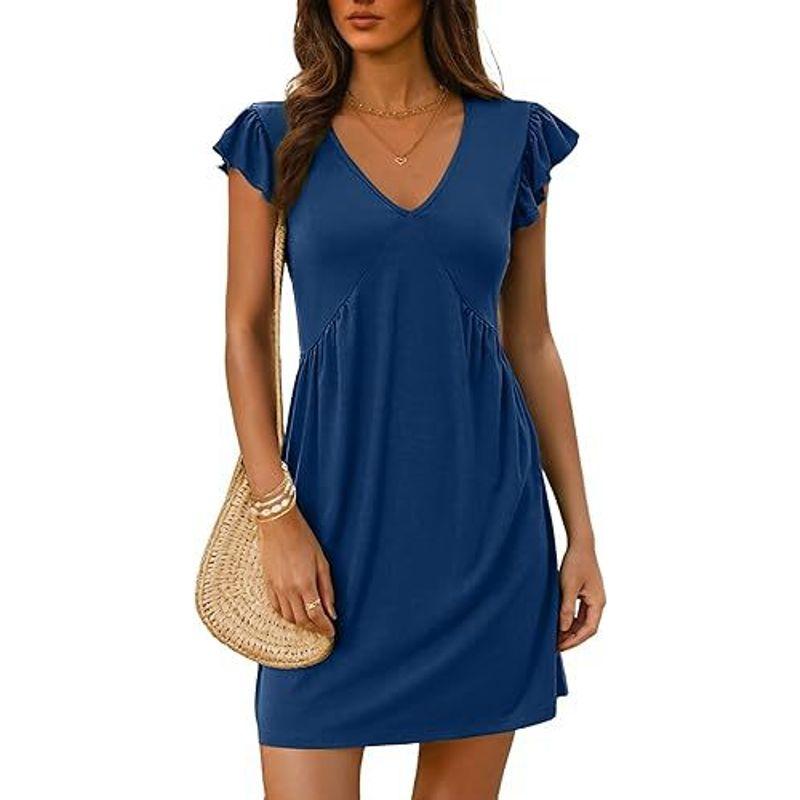 V-neck Flying Sleeve Solid Color Dress V-neck Ruffled Sleeve Pure Color Dress