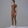 Solid Color Zipper High-Stretch Bodysuit with Short Sleeves and Full-Length Nine-Point Pants for Fitness and Yoga.