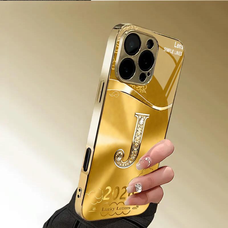 Tempered Glass Phone Case Luxurious PhoneCase Letter“J" Gold Pattern Design For Iphone 17 Air 16 Pro 15 ProMax 14 13 12 11 Plus