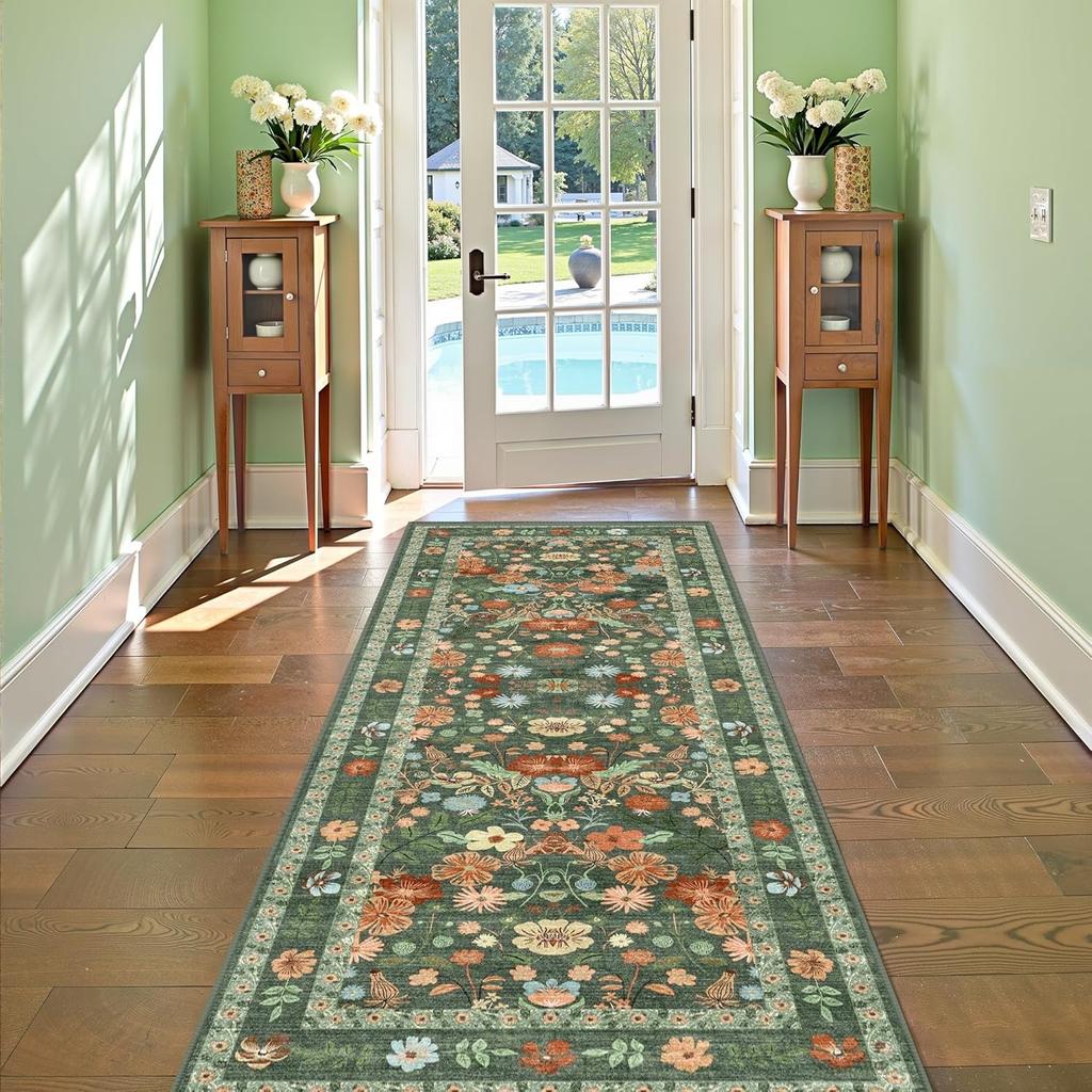 Floral Hallway Runner Rug Soft Flower Botanical Long Carpet Bedroom Non-Slip Floor Mat Machine Washable Kitchen Home Decoration