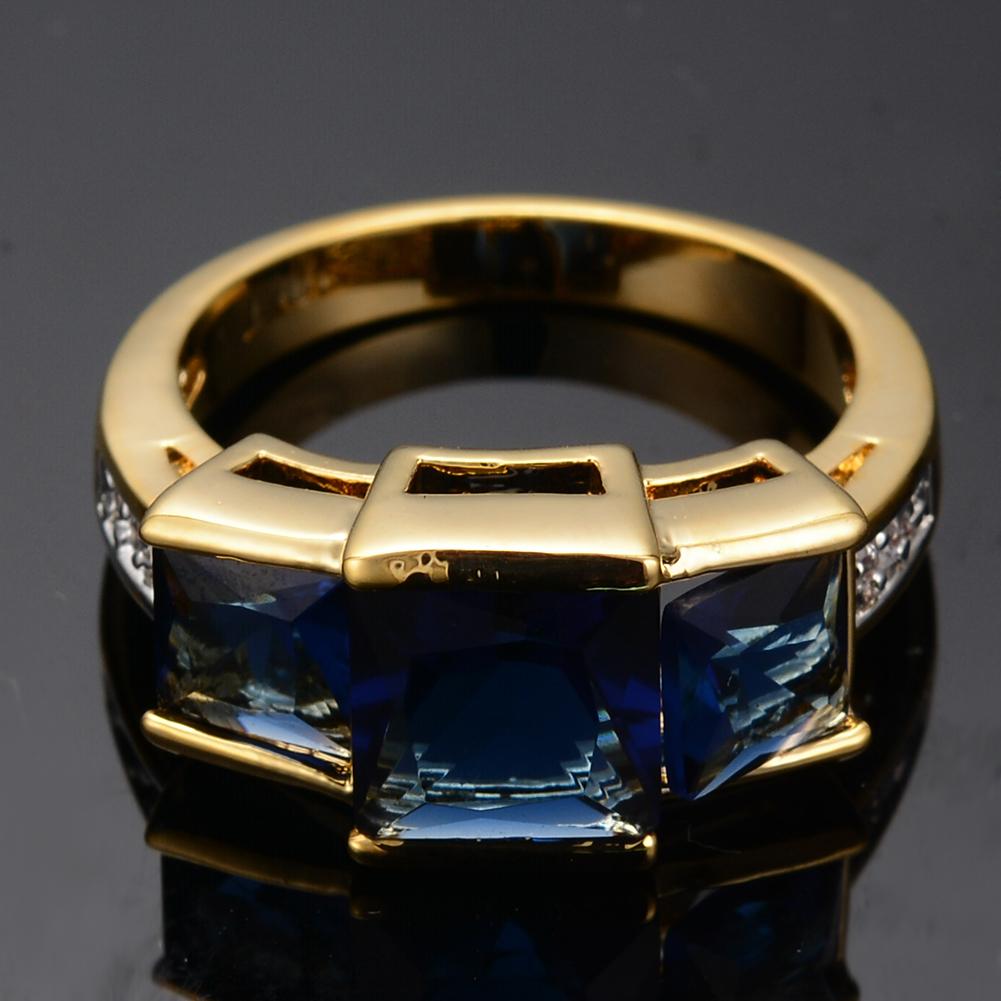Luxury Female Crystal Blue Stone Big Yellow Gold Color Wedding Jewelry For Women Vintage Bride Square Engagement Ring