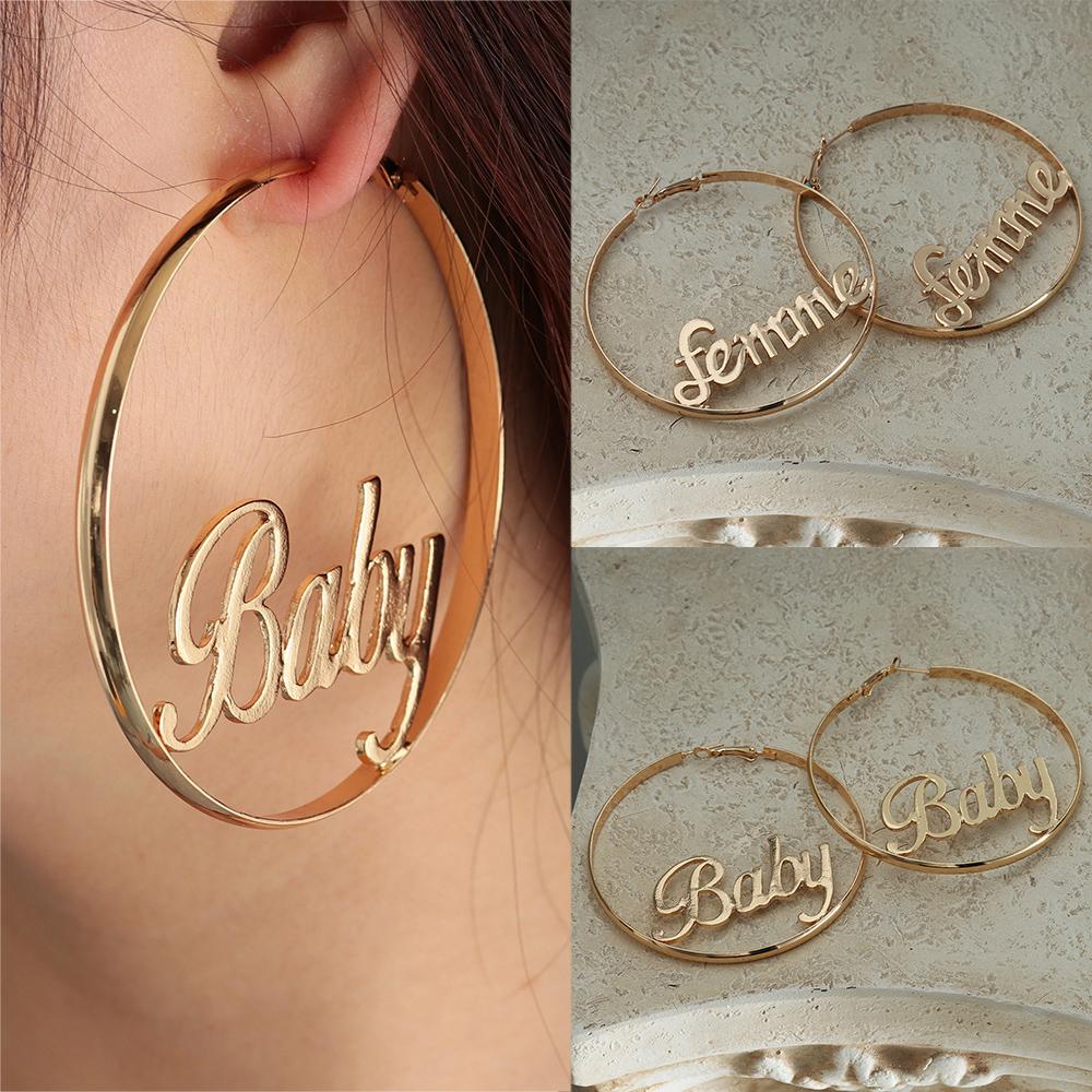 Party Gold Hip-hop Jewelry Gift Hyperbole Large Circle Femme Baby Letter Round Hoop Earrings