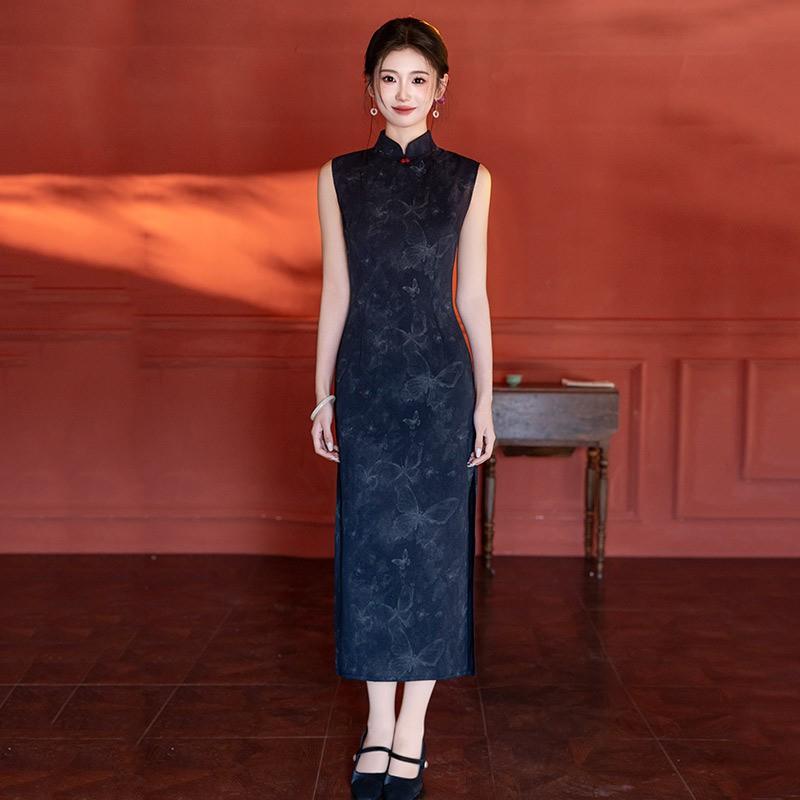 Black Modern Chinese-Inspired Sleeveless Long Cheongsam Dress 2026 Womens Elegant Formal Gown Small