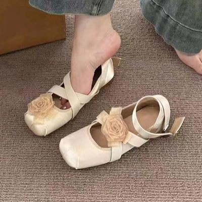 Moda Flor Flats Mulheres Ballet Dance Shoes Aconchegante Caminhada Raso Quadrado Toe Sandálias Outono 2024 Vestido Designer Casual Zapatos Mujer