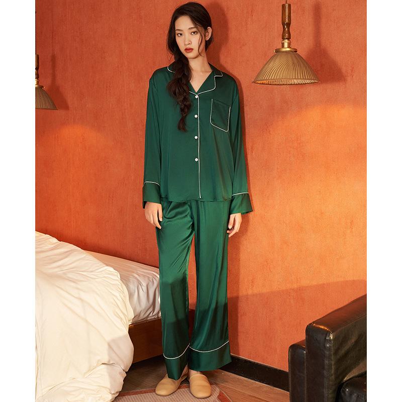 Yaoting simple casual satin chiffon pajamas long sleeves trousers loungewear set retro women pajama1011