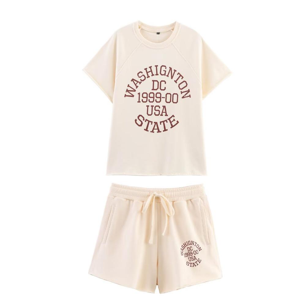 Washed Effect Text 2 Pieces Summer Sets for Women Vacation Relaxtion Text Plush Sweatshirt Matching Tonal Drawstring Sweatshorts S