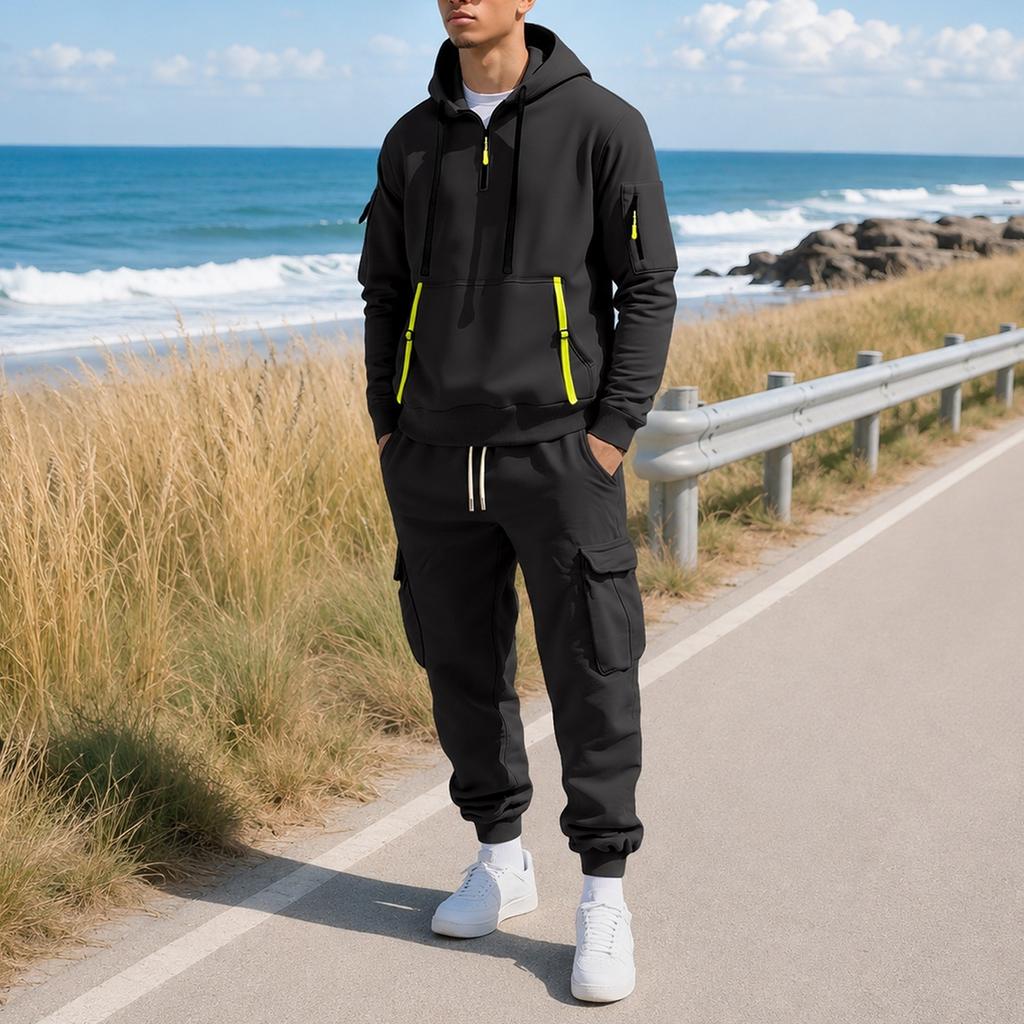 Men's Zip Hoodie Sweatshirt and Multi-Pocket Work Pants Casual Outfit Set