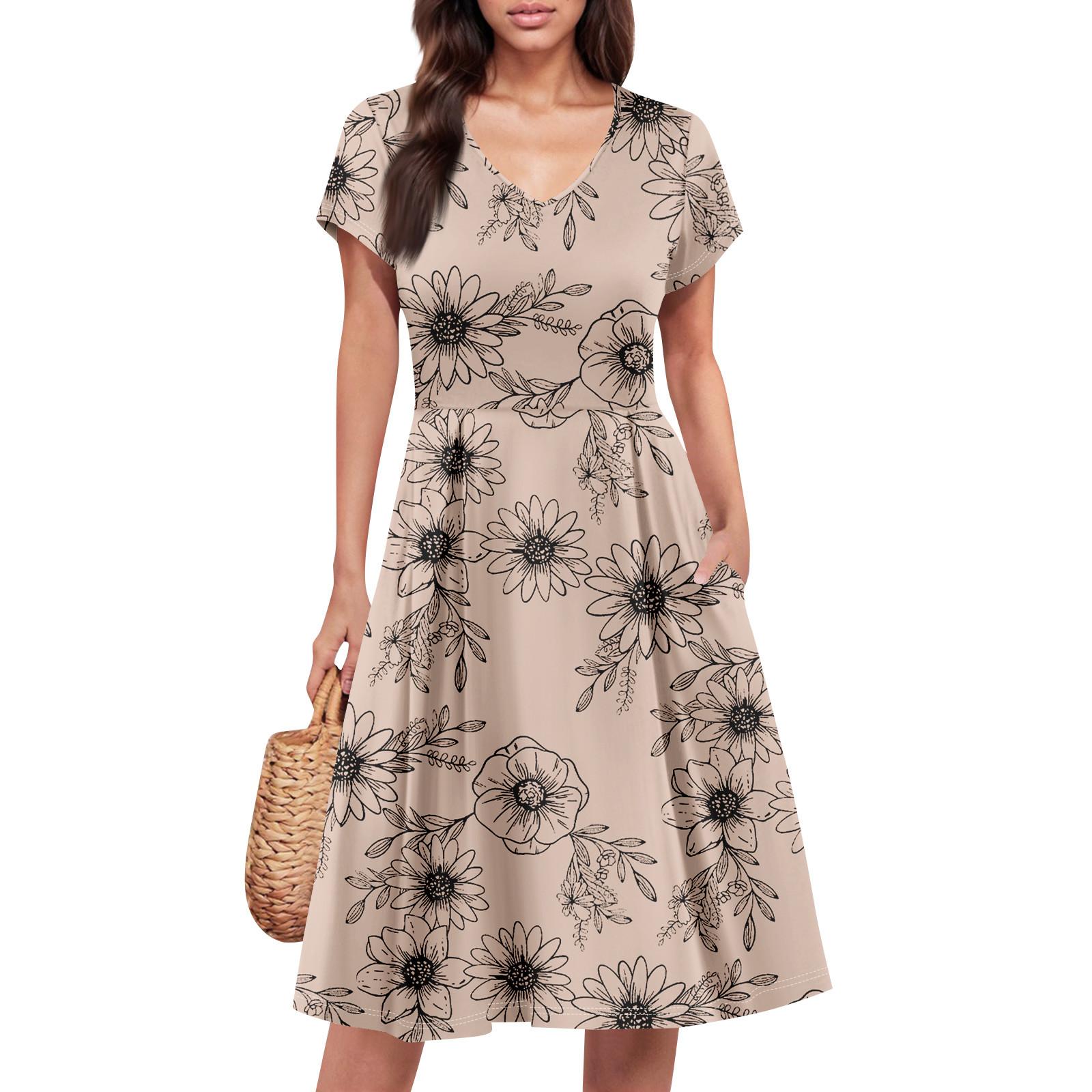 

Женское летнее платье с коротким рукавом, V-образным вырезом, короткое, модное, повседневное, летящее, А-силуэта, платье-сарафан с карманом XXL бежевый