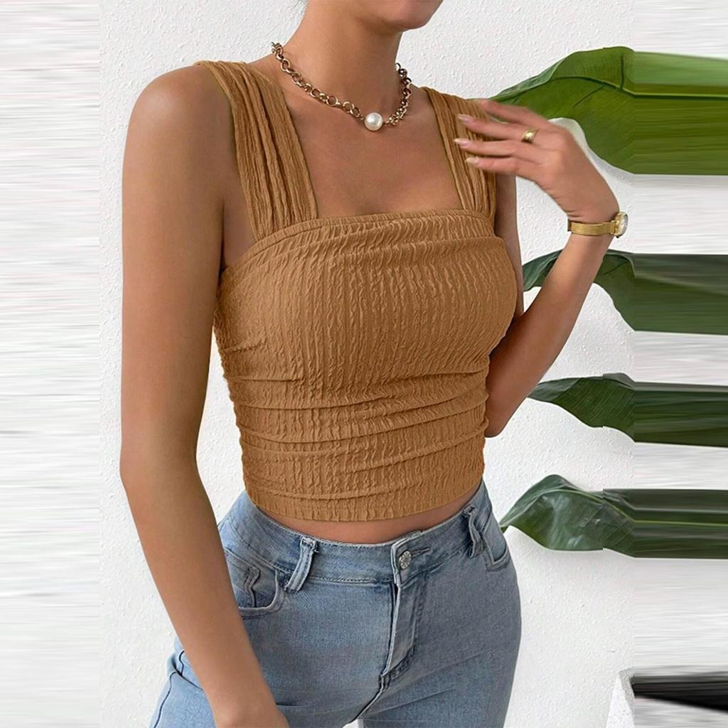 Modisches Tanktop für Damen, einfarbig, ärmellos, offener Nabel, quadratischer Ausschnitt, Schultergurt