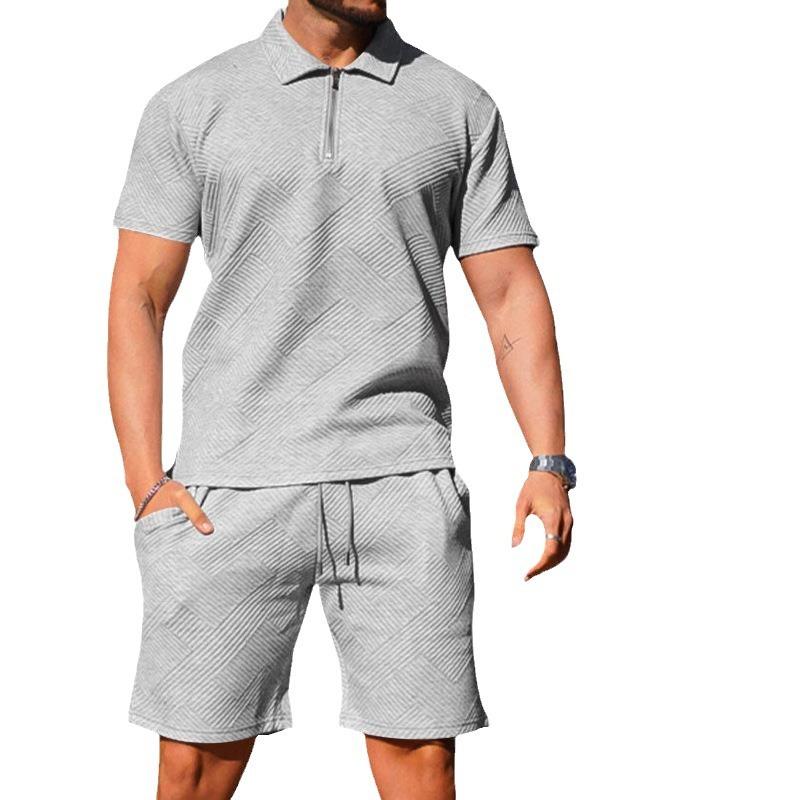 Lässige Textur Jacquard POLO Reißverschluss Revershemd kurzärmliges Shorts-Set
