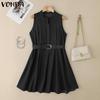 VONDA Summer Women Sleeveless Belt Waist Casual Pleated Dress