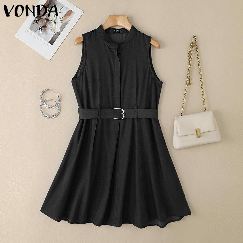 VONDA Summer Women Sleeveless Belt Waist Casual Pleated Dress