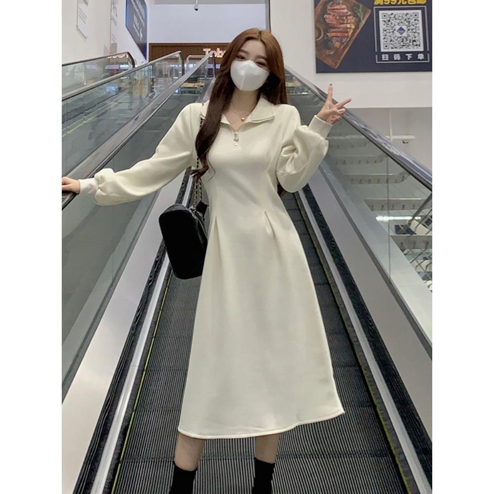 High-end Long Fleece Sweater Dress for Women's Autumn and Winter Large Size Fat Mm Thin Black Temperament with Bottom Skirt