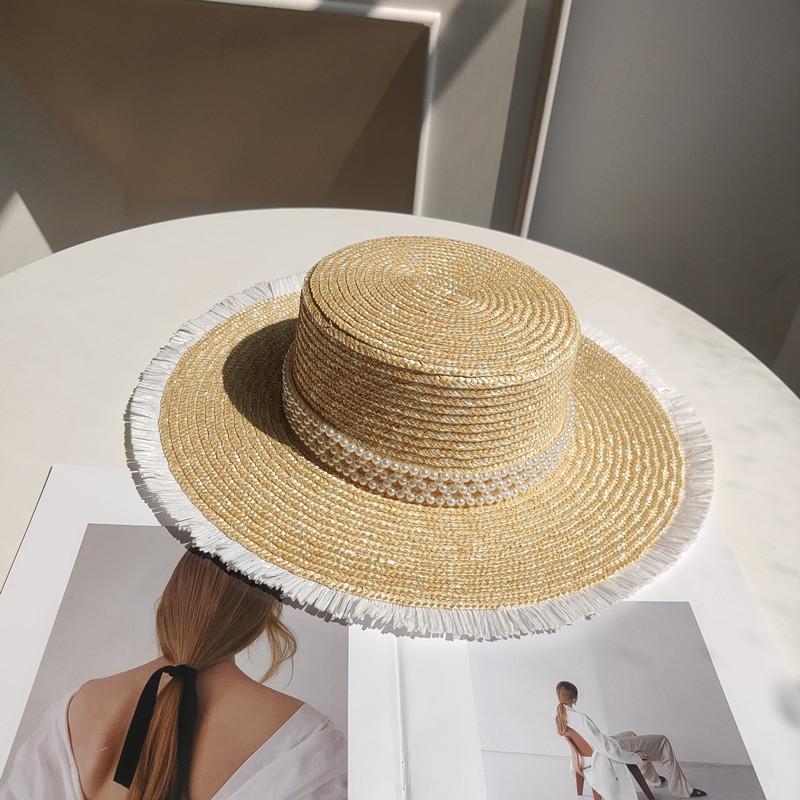 

New Classical Fringed Pearl Chain Natural Straw Hat For Women Summer Wide Brim Jazz Hat Beach Sun Hat Bonnet Enfant Caps