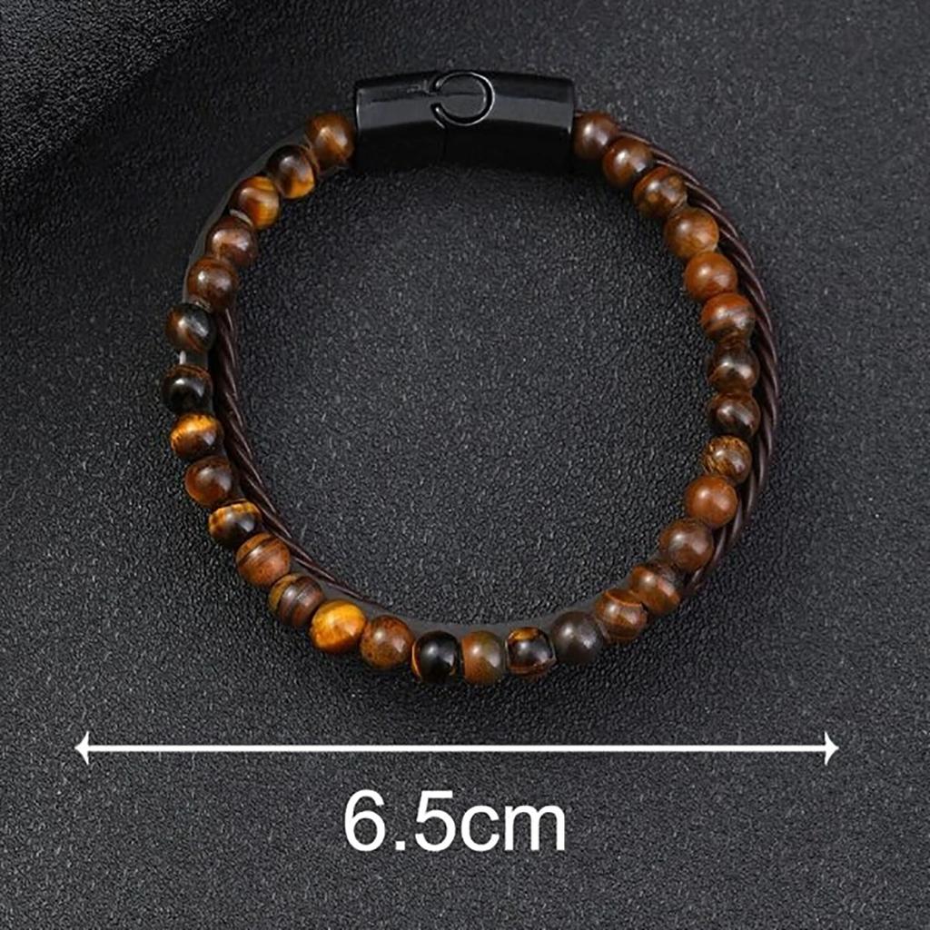Bransoletka męska wielostylowa z kamienia wulkanicznego lub kamienia tygrysie oko oraz skóry PU, trzywarstwowa, biznesowa, rekreacyjna, prezent dla mężczyzn