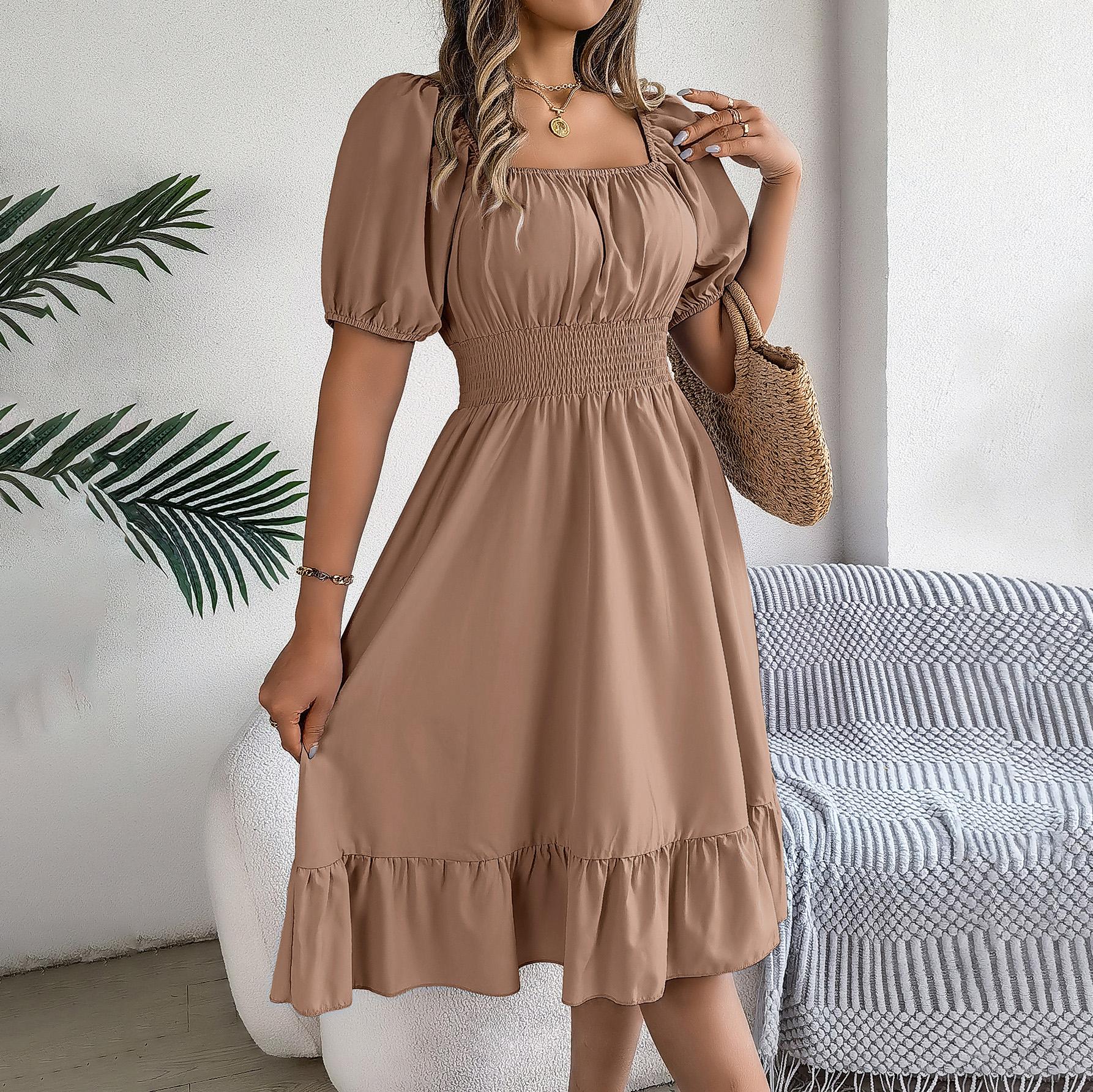 

Женское весенне-летнее темпераментное платье со шнуровкой, однотонное, с высокой талией, короткими рукавами, плиссированное XL хаки