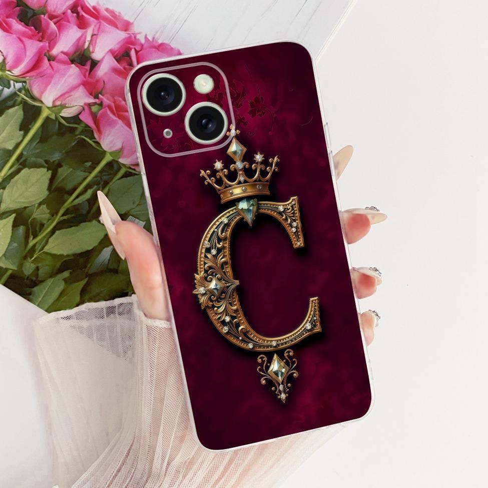 Transparent For iPhone 15 Case Cover Transparent Luxury Crown A-Z Letters 2D Flat Pattern Soft Casing A3092 A3090 A2846 A3089
