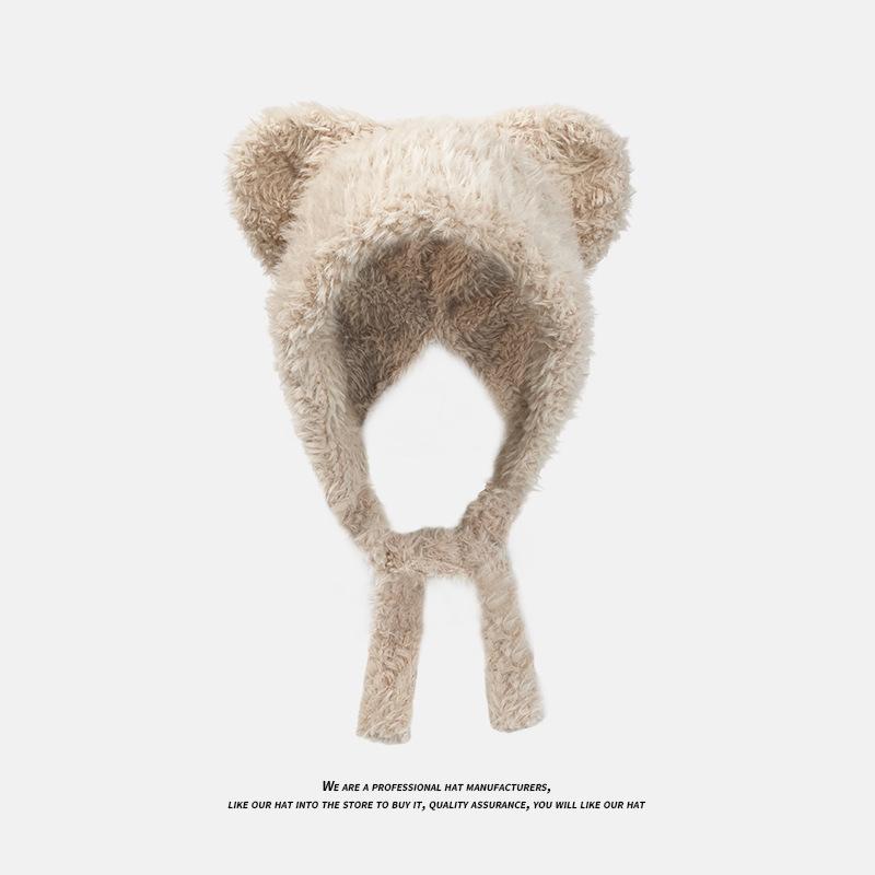 

Зимняя плюшевая шапка с медвежьими ушками для женщин, милая вязаная шапка с ушками из густого меха для защиты от холода, теплая шапка-ушанка на шнуровке One size