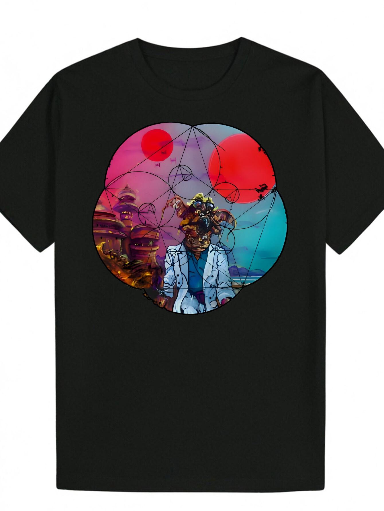 Graphic T-shirt - White Short Sleeve Round Neck with Vibrant Geometric Portrait Print XXXL