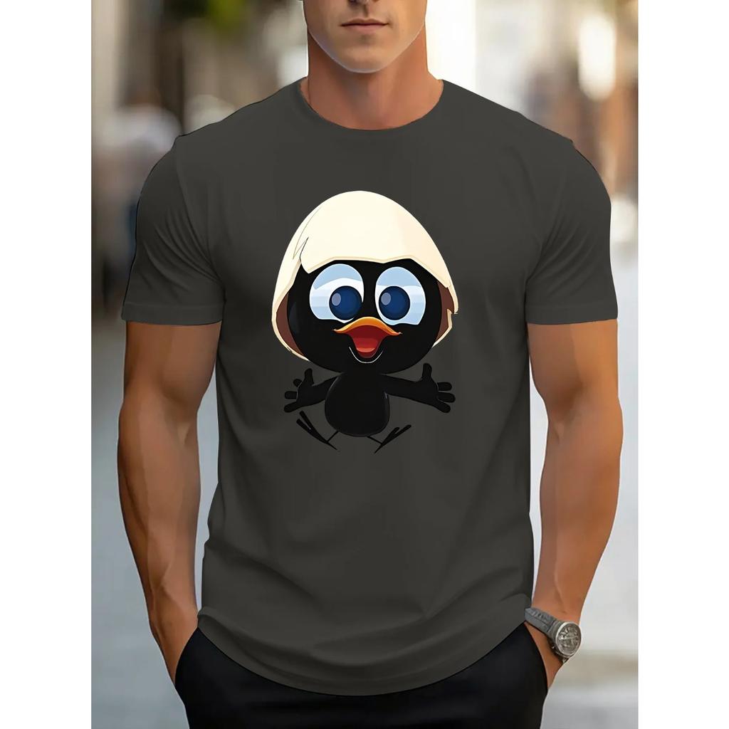 Men's Summer 100 Cotton Fashionable Casual Sports Loose and Interesting Cartoon Penguin Pattern Printed Round Neck Short Sleeved T-shirt