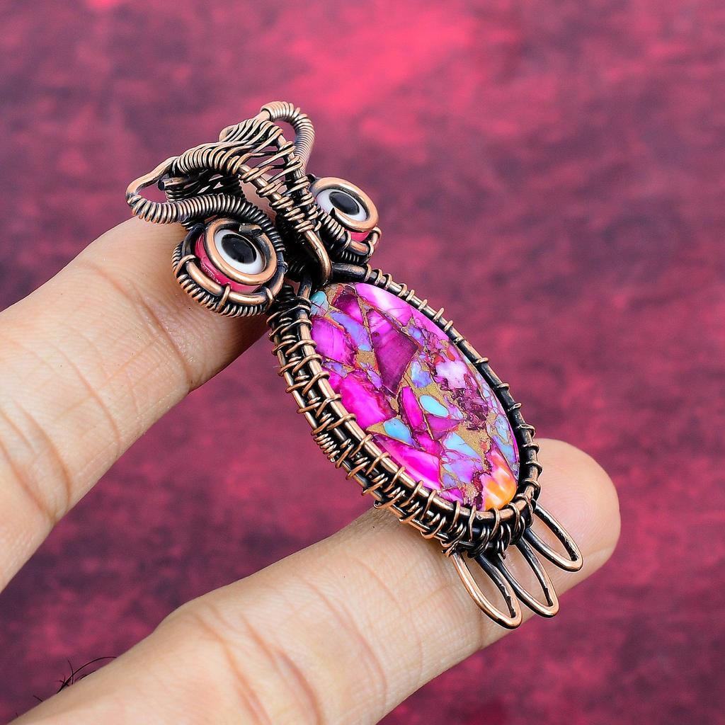 Natural Kingman Pink Dahlia Turquoise Pendant Copper Wire Wrapped Owl Jewelry