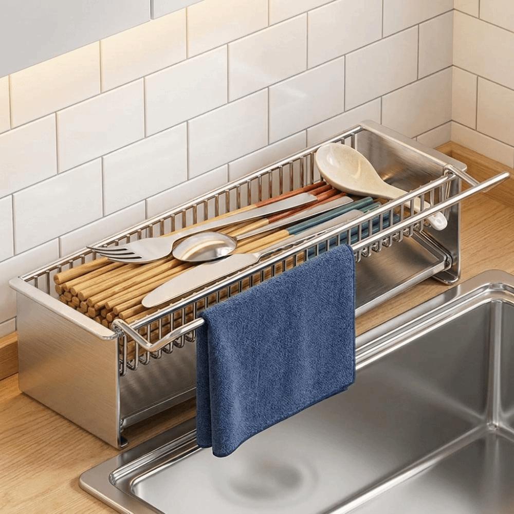 Stainless Steel Chopsticks Storage Rack Large Capacity Space Saving Sink Draining Rack Automatic Draining Spoon Storage Box