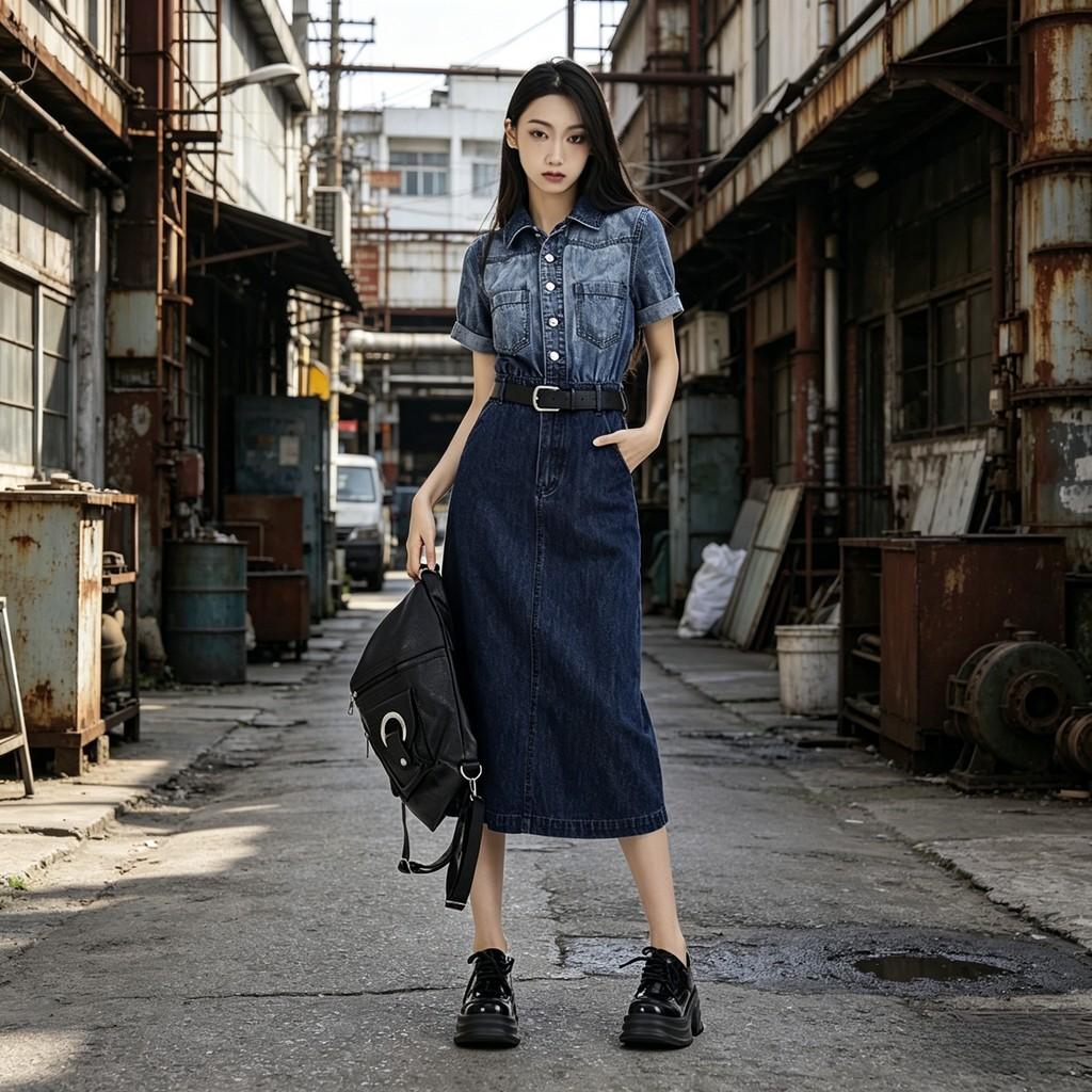 Denim Dress With Gradient Color And Polo Collar For Summer Casuals